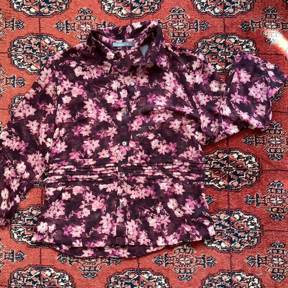 Liz‎ Claiborne 10 Pink~Purple Florals Semi-Sheer 3/4 Sleeve Pleated Waist Blouse